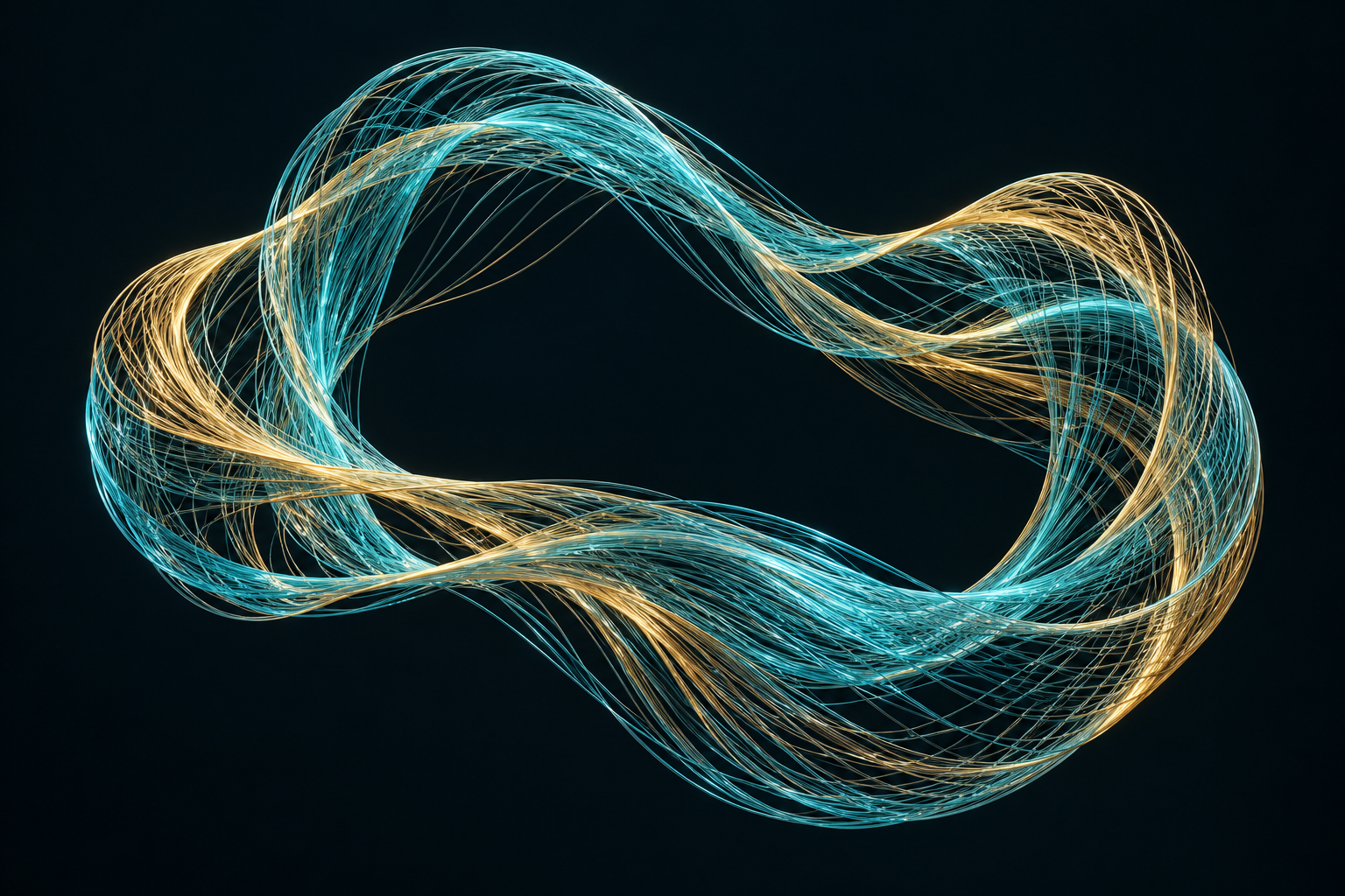 Distinct cyan and gold strands woven into one flowing form